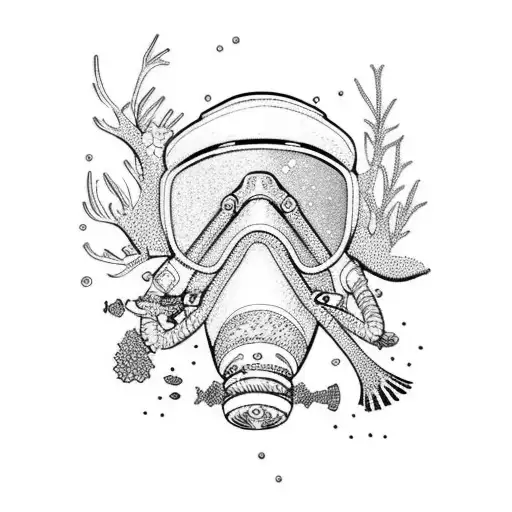 A scuba diver surrounded by majestic wilderness creatures in a dotwork style tattoo design idea
