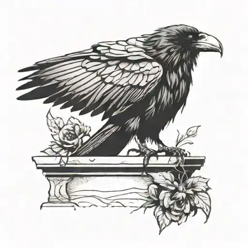 Raven perched on a tombstone with a death moth hovering above tattoo design idea