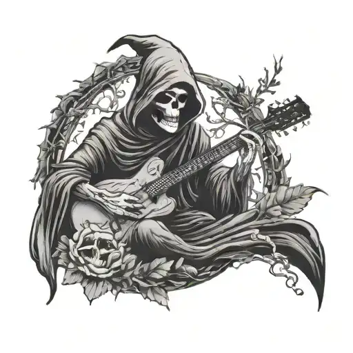 Grim reaper playing a guitar in a dark, ethereal setting tattoo design idea