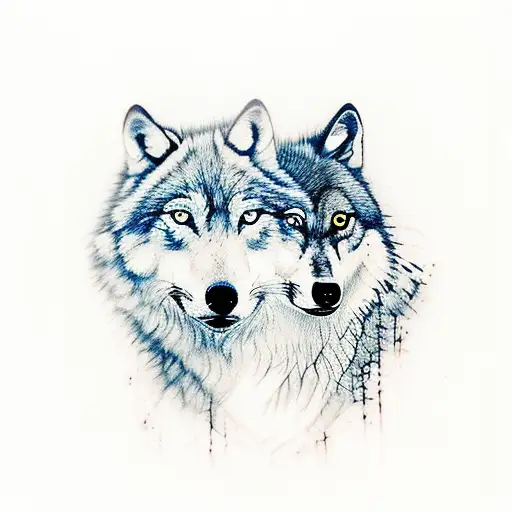 pond with wolf reflection. old wolf on top and young wolf on bottom. lots of nature and forest in the background tattoo design idea
