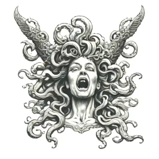 Screaming sad medusa surrounded tattoo design idea