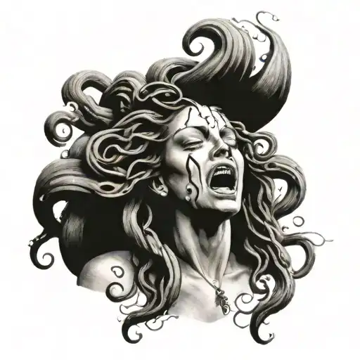 Screaming sad medusa with tear drops tattoo design idea