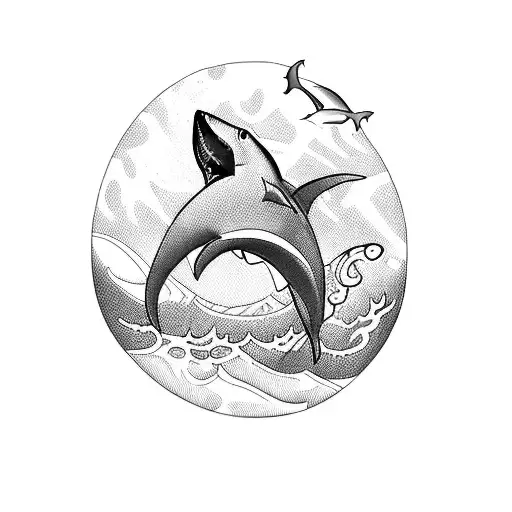 A blackwork tattoo of a shark emerging from the ocean with a mountain silhouette in the background tattoo design idea