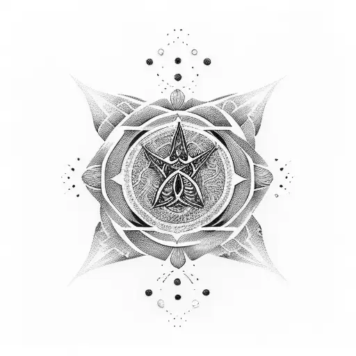 A dotwork design featuring a spiritual symbol merging with a galaxy filled with marine life tattoo design idea