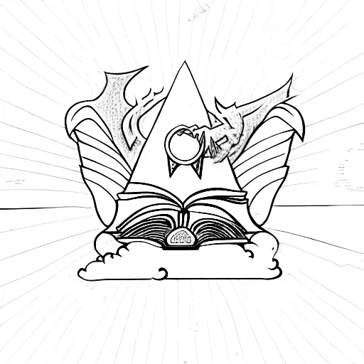 Harry Potter theme 3 books stacked top book open and wand owl and dragon floating above it like magic tattoo design idea