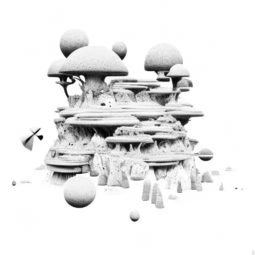 Sci-fi island landscape with dancing androids tattoo design idea