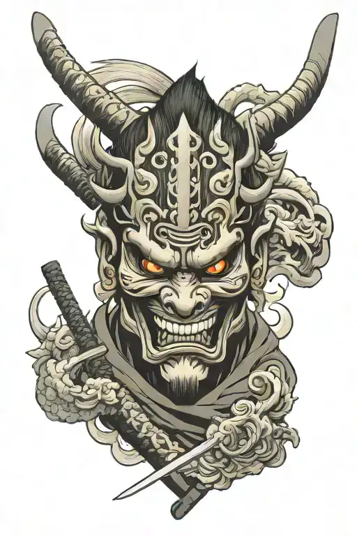 oni mask and samurai sword tattoo design idea