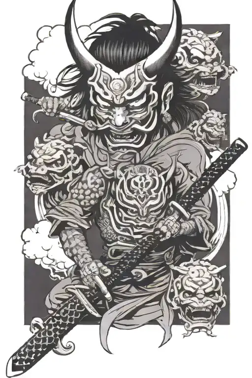 katana and oni mask surrounded tattoo design idea