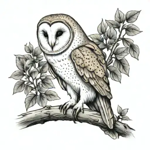 full bodied barn owl sitting on a tree branch tattoo design idea