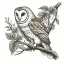 full bodied barn owl sitting on a tree branch tattoo design idea
