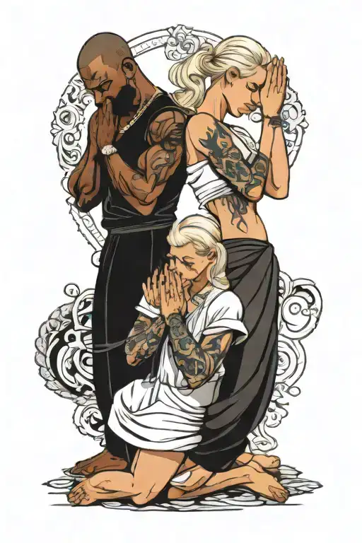 black male standing position, white blond female praying position tattoo design idea