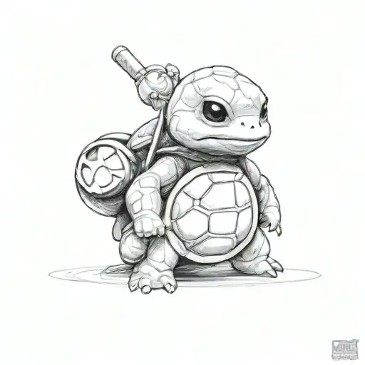 A baby Squirtle as Donatello the teenage mutant hero turtle with a pizza in his hand tattoo design idea