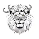 Lion head with ram horns and three stringed feathers hanging from it's neck tattoo design idea