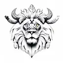Lion head with ram horns and three stringed feathers hanging from it's neck tattoo design idea