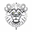 Lion head with ram horns and three stringed feathers hanging from it's neck tattoo design idea