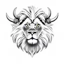 Lion head with ram horns and three stringed feathers hanging from it's neck tattoo design idea