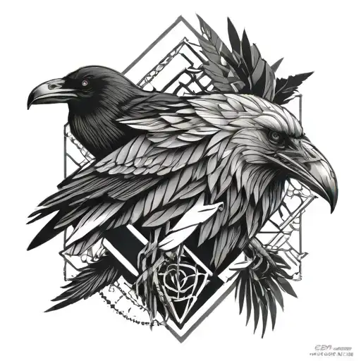 raven and wolf surrounded tattoo design idea