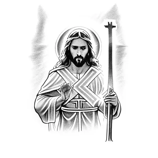 Jesus holding excalibur in one hand and a cross in the other tattoo design idea