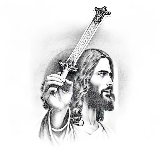 Jesus holding a sword in one hand and a cross in the other tattoo design idea