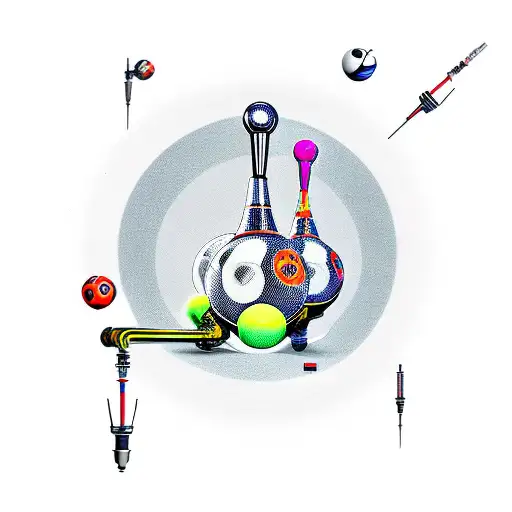 Bowling pins and biomechanical robotic arm tattoo design idea