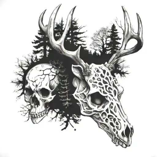 deer skull, raven and tree tattoo design idea
