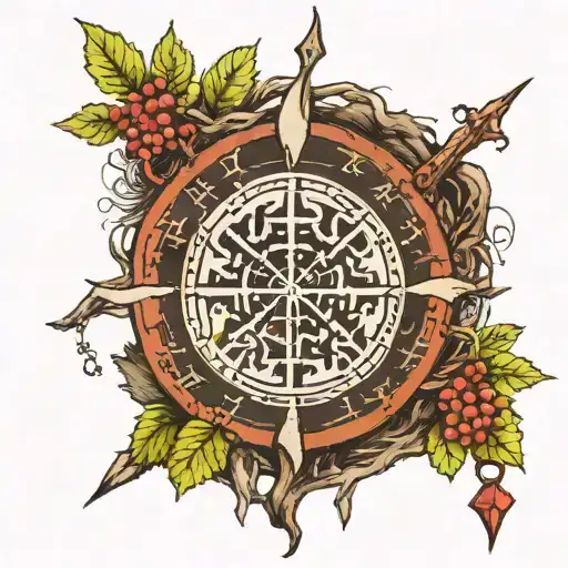 A vegvisir in the centre with the runic inscription not all who wander are lost around it. Ygdrassil is shown as a schema in the background tattoo design idea