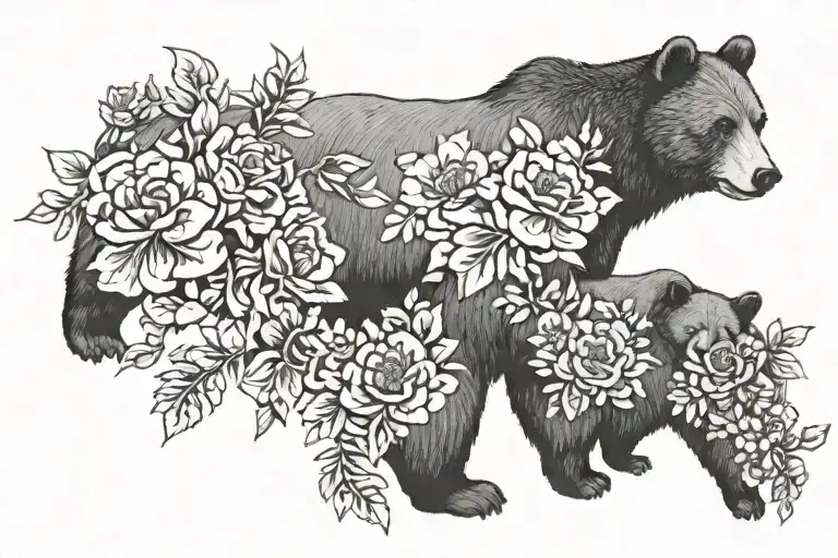 mama bear, 2 cubs, birth month flowers tattoo design idea