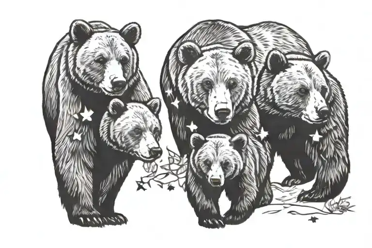 mama bear, adventure, 2 cubs, March birth flower, October birth flower, stars tattoo design idea