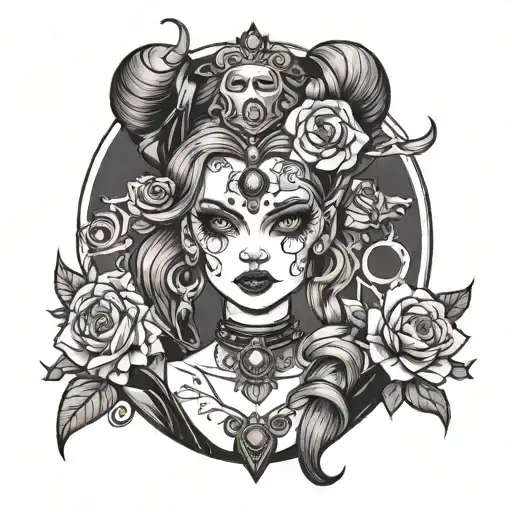 cute girl in villain clothes tattoo design idea