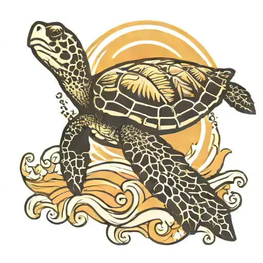 sea turtle in a wave with sun tattoo design idea