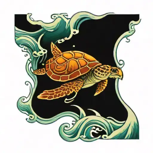 sea turtle in a wave with the sun memorial tattoo tattoo design idea