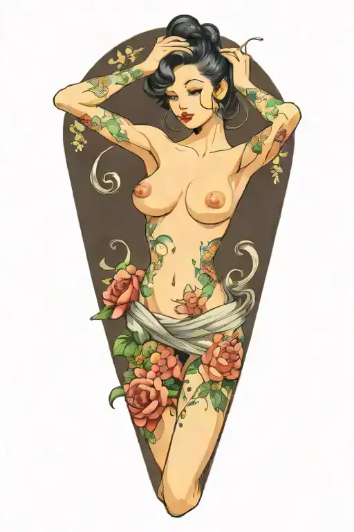 anime pinup girl nude woman posing tattoo design idea
