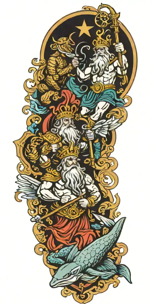 king neptune and poseidon with a turtle and a dolphin  tattoo design idea