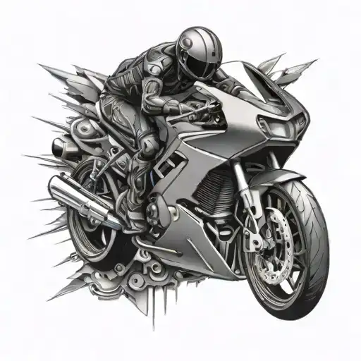 A tattoo of a sleek sports car morphing into a powerful motorcycle, with a computer motherboard design in the background, in black-grey style tattoo design idea