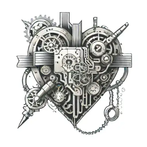 Veteran's badge integrated into a mechanical heart with computer circuitry tattoo design idea