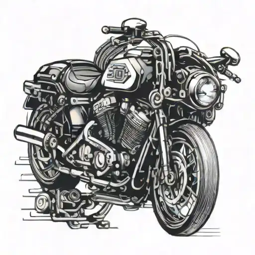 Cybernetic Harley Davidson motorcycle merging with a computer motherboard tattoo design idea