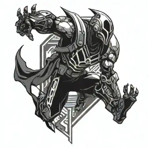 A tattoo of a futuristic video game character battling death itself, incorporating elements of blackwork style tattoo design idea