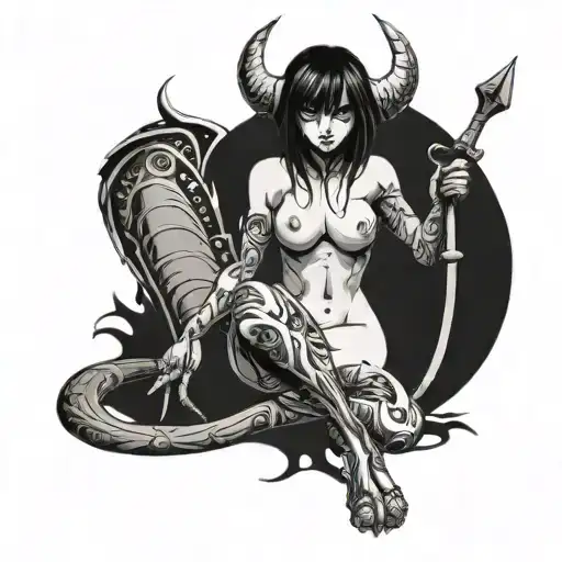 nude demon anime girl on her knees looking back with a spade tail  tattoo design idea