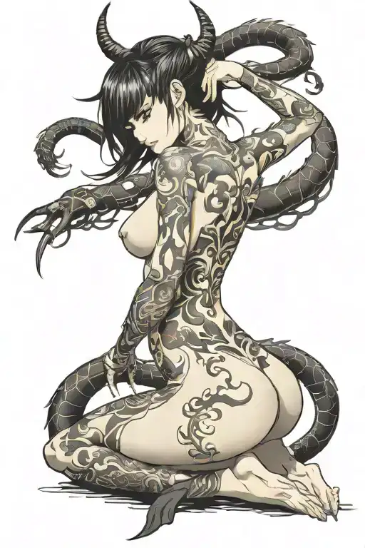 nude demon anime girl on her knees looking back with a spade tail  tattoo design idea