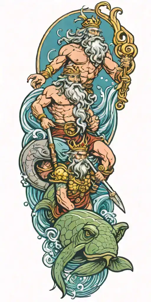 king neptune and poseidon with a turtle and a dolphin  tattoo design idea