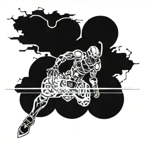 A tattoo of a futuristic video game character battling death itself, incorporating elements of blackwork style tattoo design idea