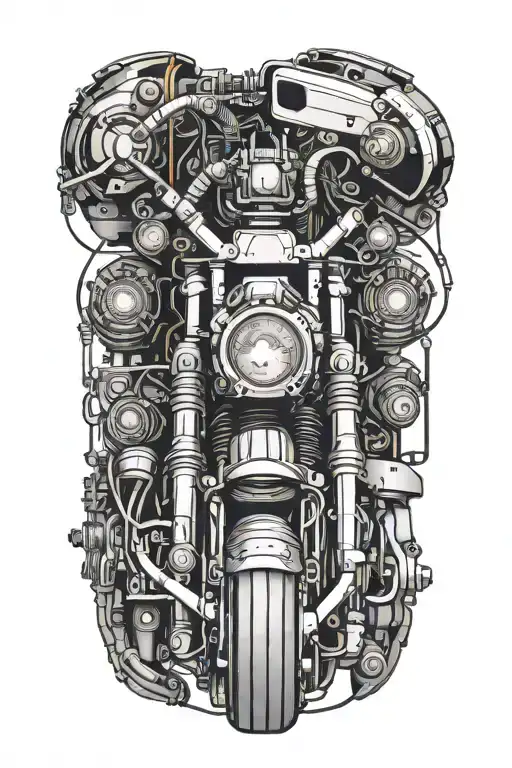 Cybernetic Harley Davidson motorcycle merging with a computer motherboard tattoo design idea