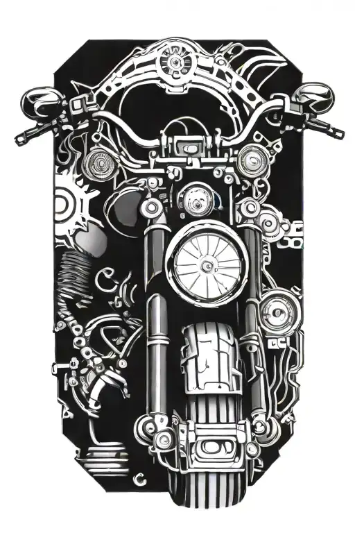 Cybernetic Harley Davidson motorcycle merging with a computer motherboard tattoo design idea