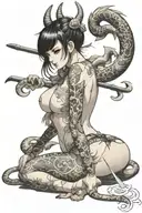 nude demon anime girl on her knees looking back with a spade tail  tattoo design idea