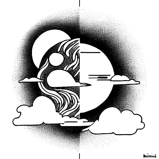 sun and moon together with fine line face features and some sofisticated clouds tattoo design idea