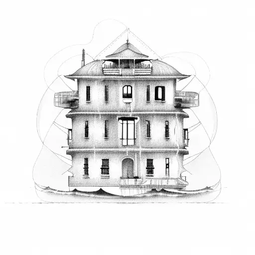 An architectural blueprint of a music-themed beach house with ocean waves in the background tattoo design idea