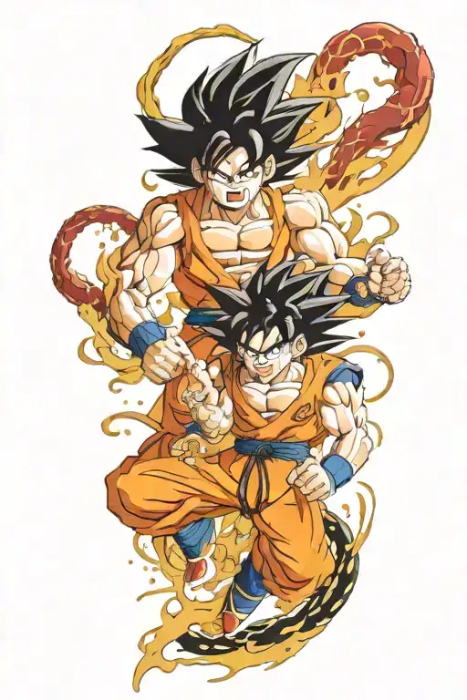 Tattoo with Son Goku during the dragon fist with Shenron and all stages of development with Songoku (child, adult, SSJ 1 tattoo design idea