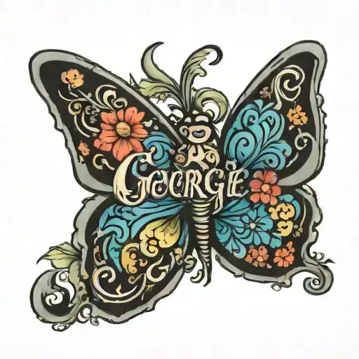 The name George with a small butterfly  tattoo design idea
