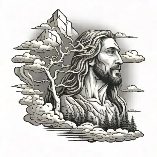 mountain trees and clouds surrounding Jesus stripped tattoo design idea
