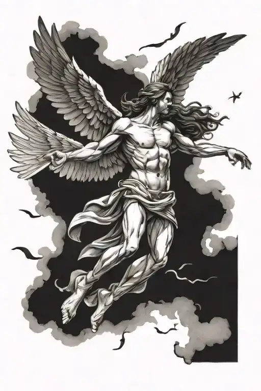 The fall of Icarus in the form of an angel falling from the sky tattoo design idea